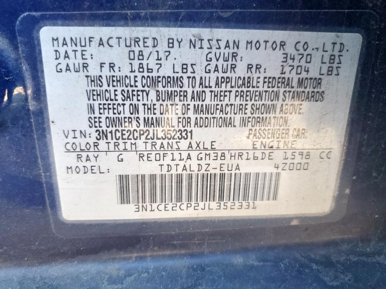 2018 Nissan Versa Note S VIN: 3N1CE2CP2JL352331 Lot: 82248505