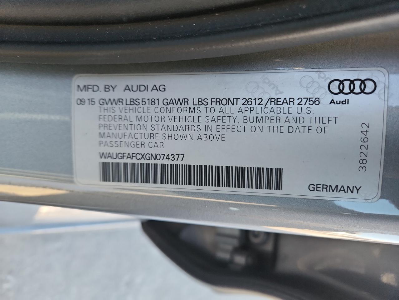 2016 Audi A6 Premium Plus VIN: WAUGFAFCXGN074377 Lot: 89881145