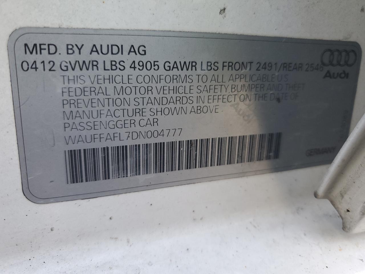 2013 Audi A4 Premium Plus VIN: WAUFFAFL7DN004777 Lot: 89627065