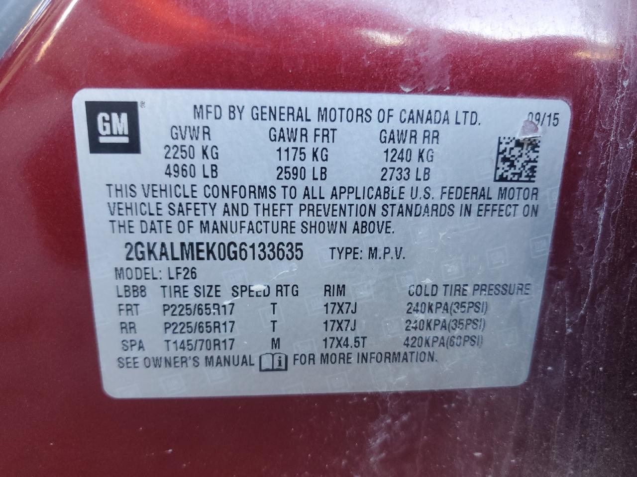 2016 GMC Terrain Sle VIN: 2GKALMEK0G6133635 Lot: 90431465