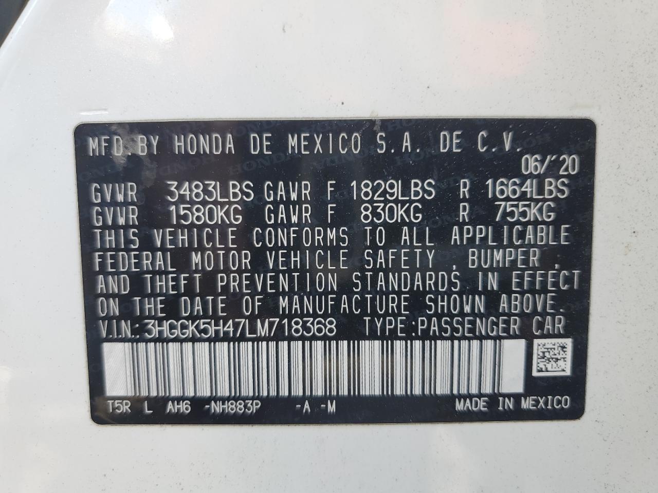 2020 Honda Fit Lx VIN: 3HGGK5H47LM718368 Lot: 82604645