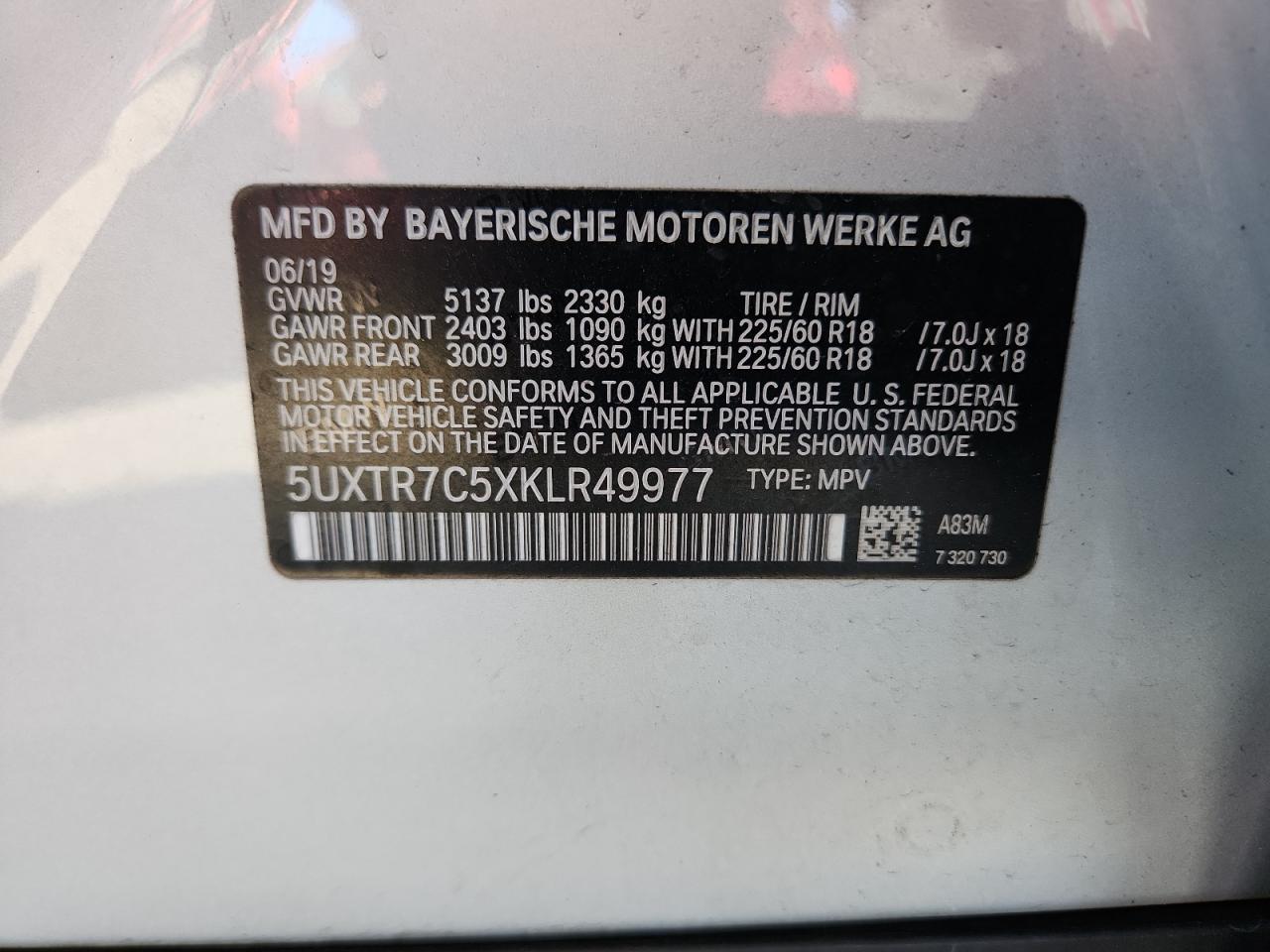 2019 BMW X3 Sdrive30I VIN: 5UXTR7C5XKLR49977 Lot: 82223555
