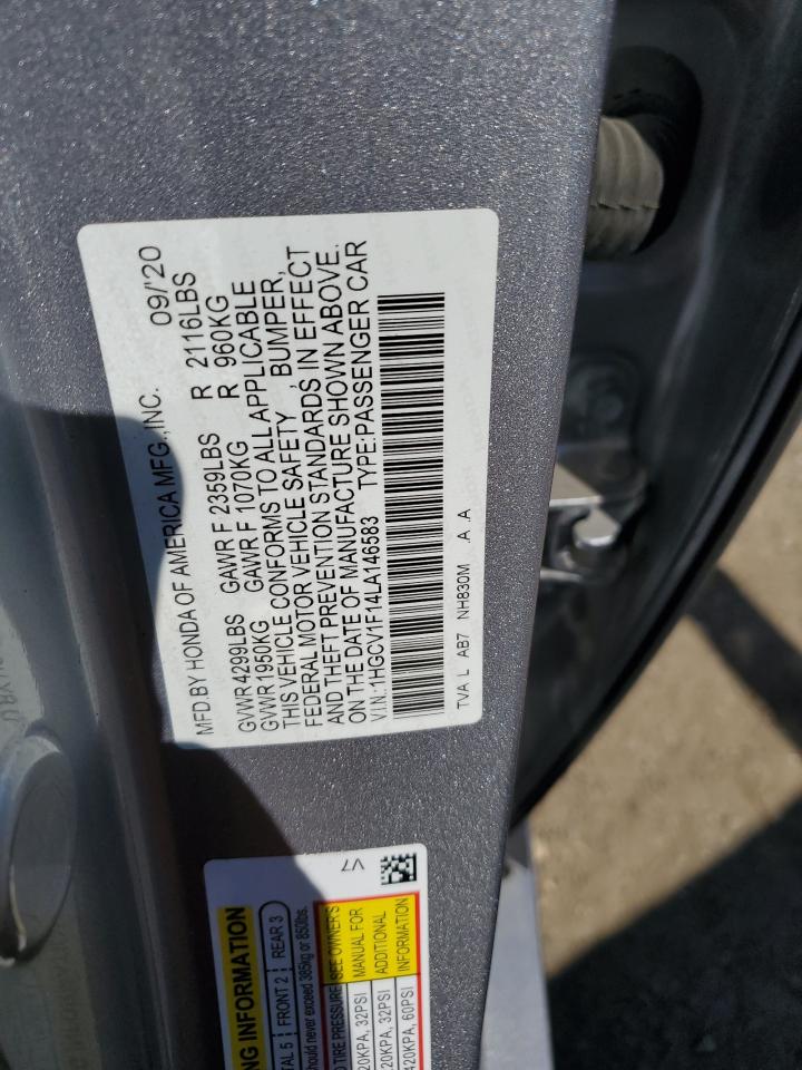 2020 Honda Accord Lx VIN: 1HGCV1F14LA146583 Lot: 85907515