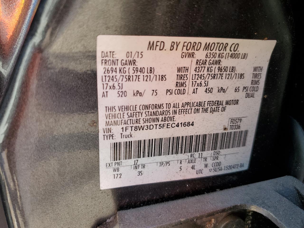 2015 Ford F350 Super Duty VIN: 1FT8W3DT5FEC41684 Lot: 86054675