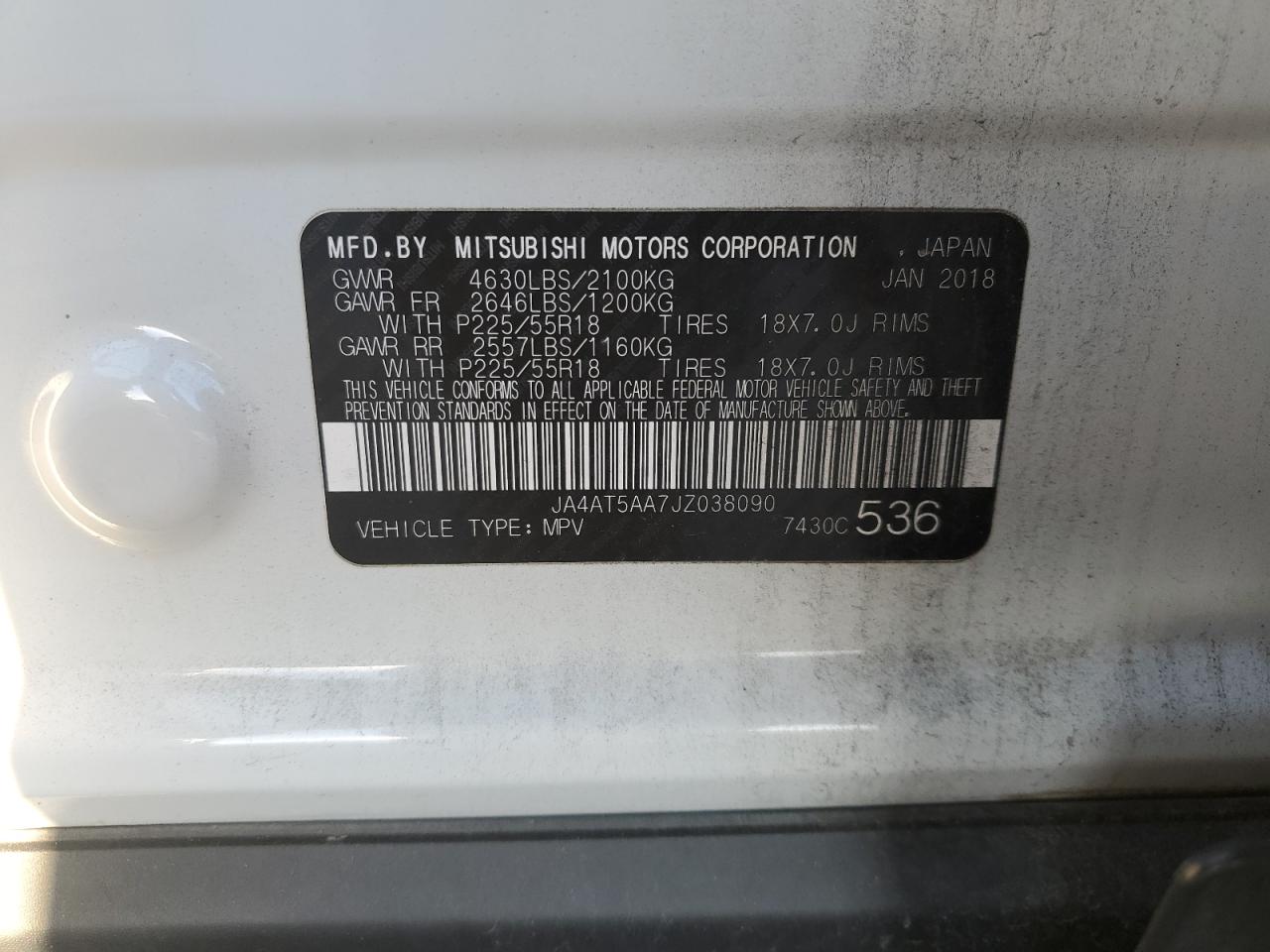 2018 Mitsubishi Eclipse Cross Se VIN: JA4AT5AA7JZ038090 Lot: 82687705