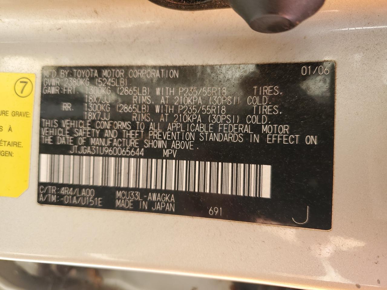 2006 Lexus Rx 330 VIN: JTJGA31U960065644 Lot: 85342025