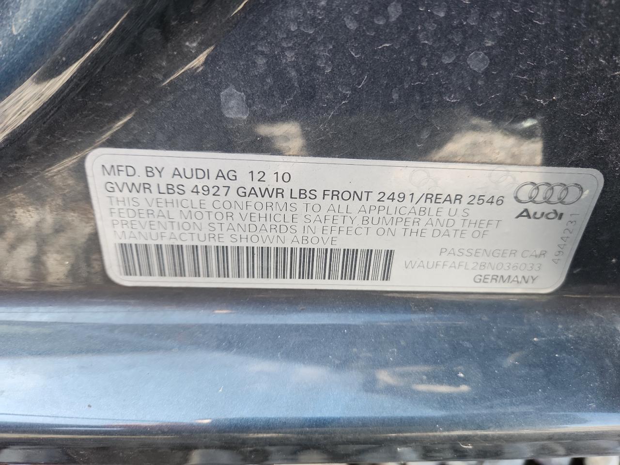 2011 Audi A4 Premium Plus VIN: WAUFFAFL2BN036033 Lot: 85411015