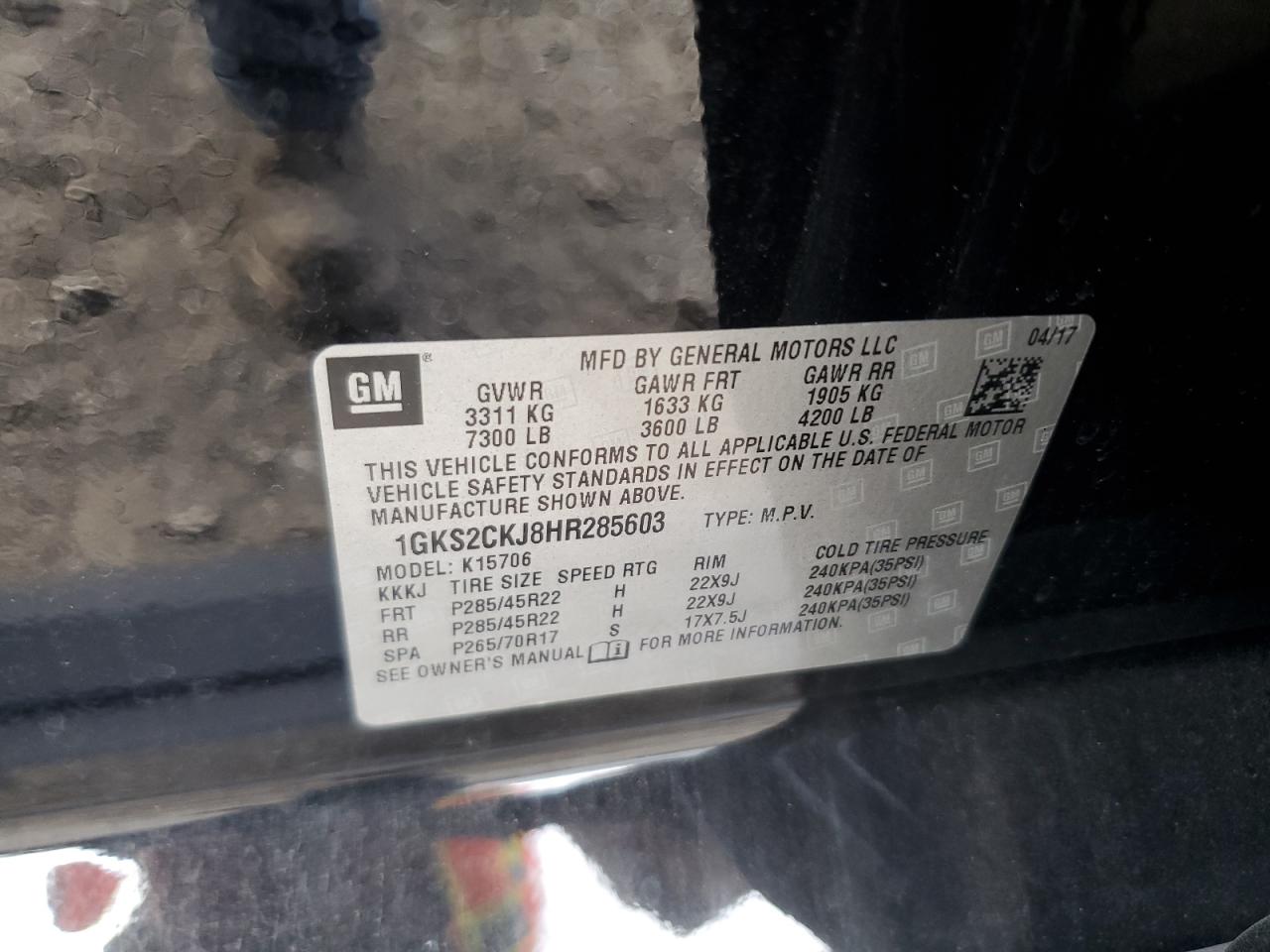 2017 GMC Yukon Denali VIN: 1GKS2CKJ8HR285603 Lot: 90018015