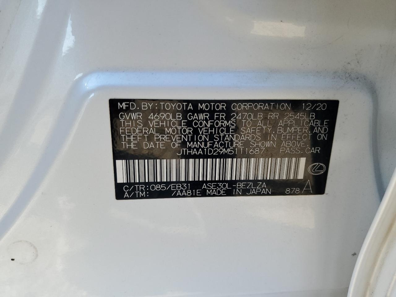 2021 Lexus Is 300 VIN: JTHAA1D29M5111687 Lot: 85914975