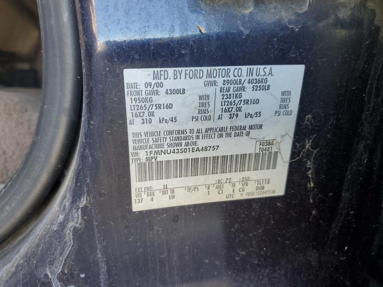 2001 Ford Excursion Limited VIN: 1FMNU43S01EA48757 Lot: 84979045