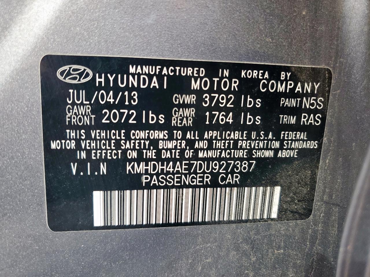 2013 Hyundai Elantra Gls VIN: KMHDH4AE7DU927387 Lot: 84922085