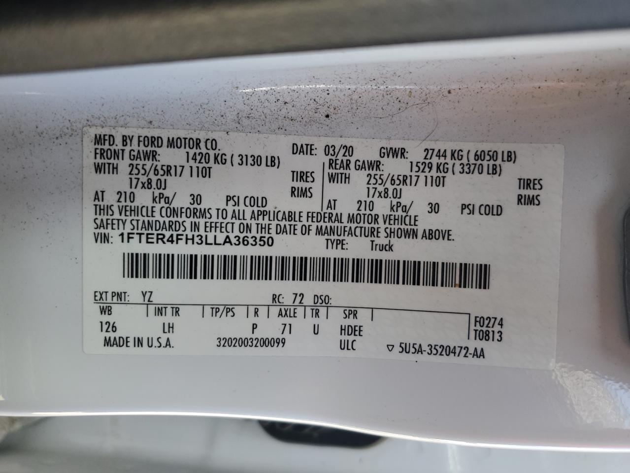 2020 Ford Ranger Xl VIN: 1FTER4FH3LLA36350 Lot: 82138625