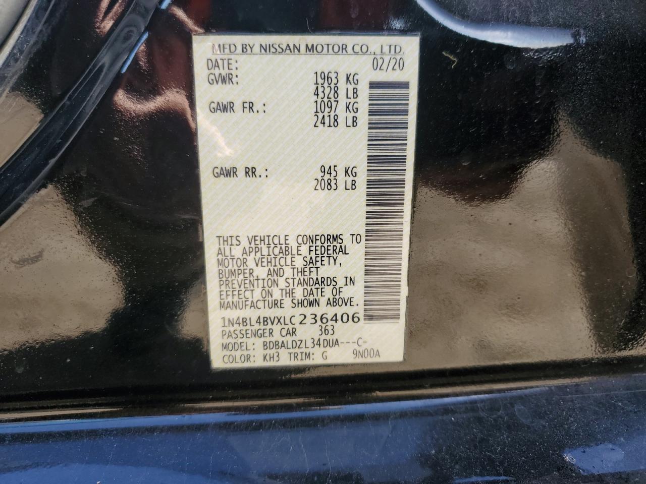 2020 Nissan Altima S VIN: 1N4BL4BVXLC236406 Lot: 84787155