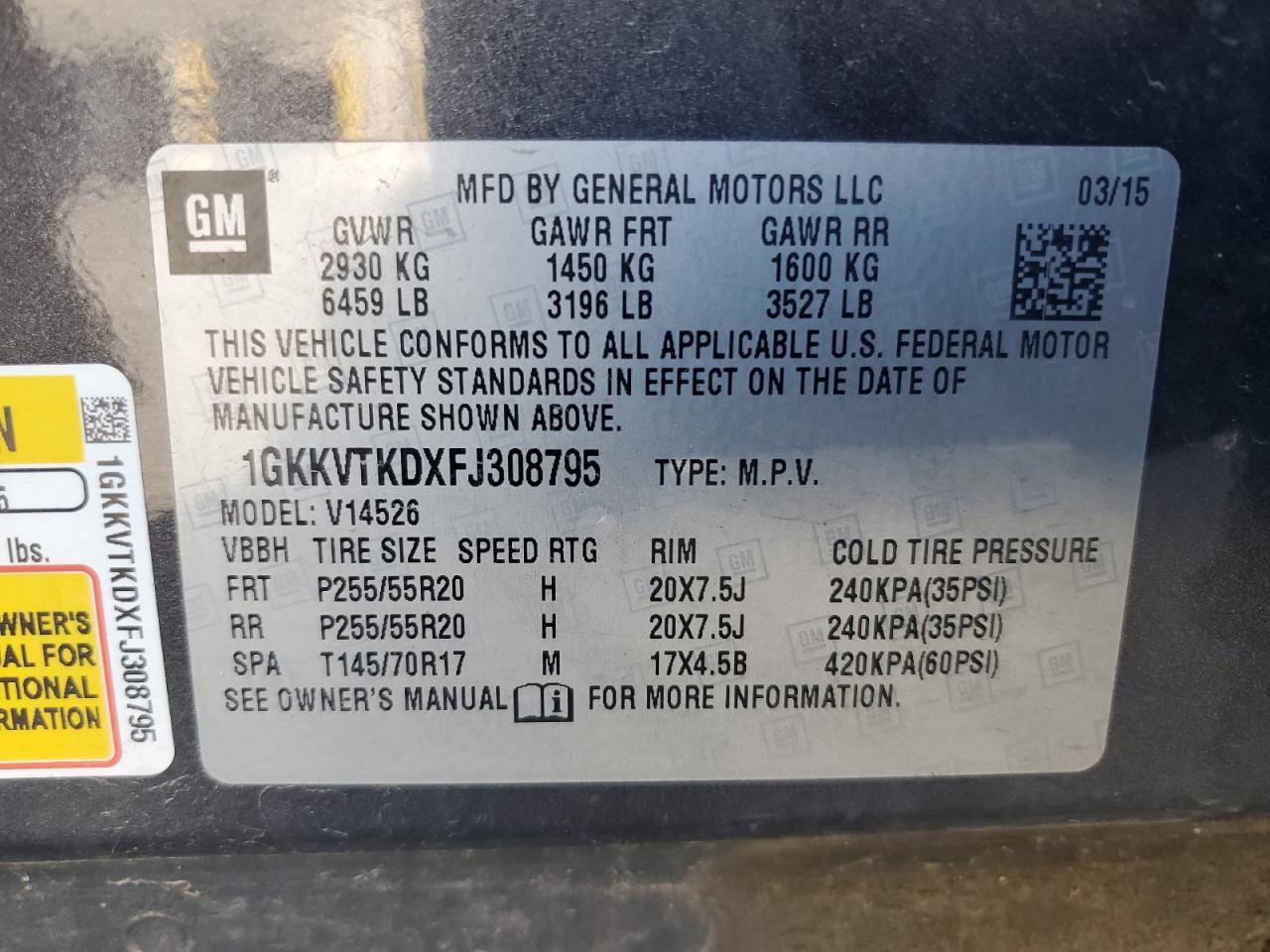 2015 GMC Acadia Denali VIN: 1GKKVTKDXFJ308795 Lot: 83792165