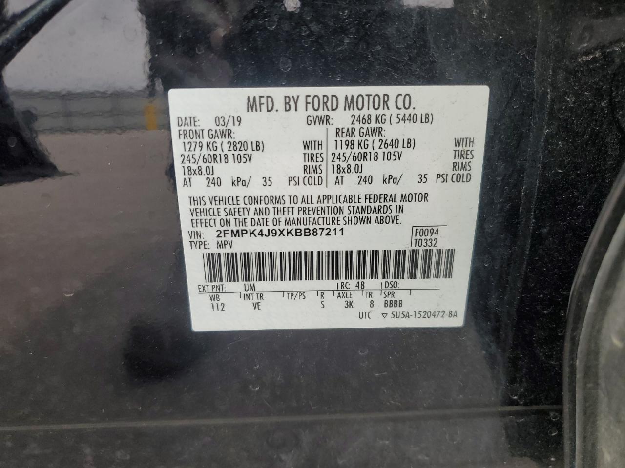 2019 Ford Edge Sel VIN: 2FMPK4J9XKBB87211 Lot: 82351125