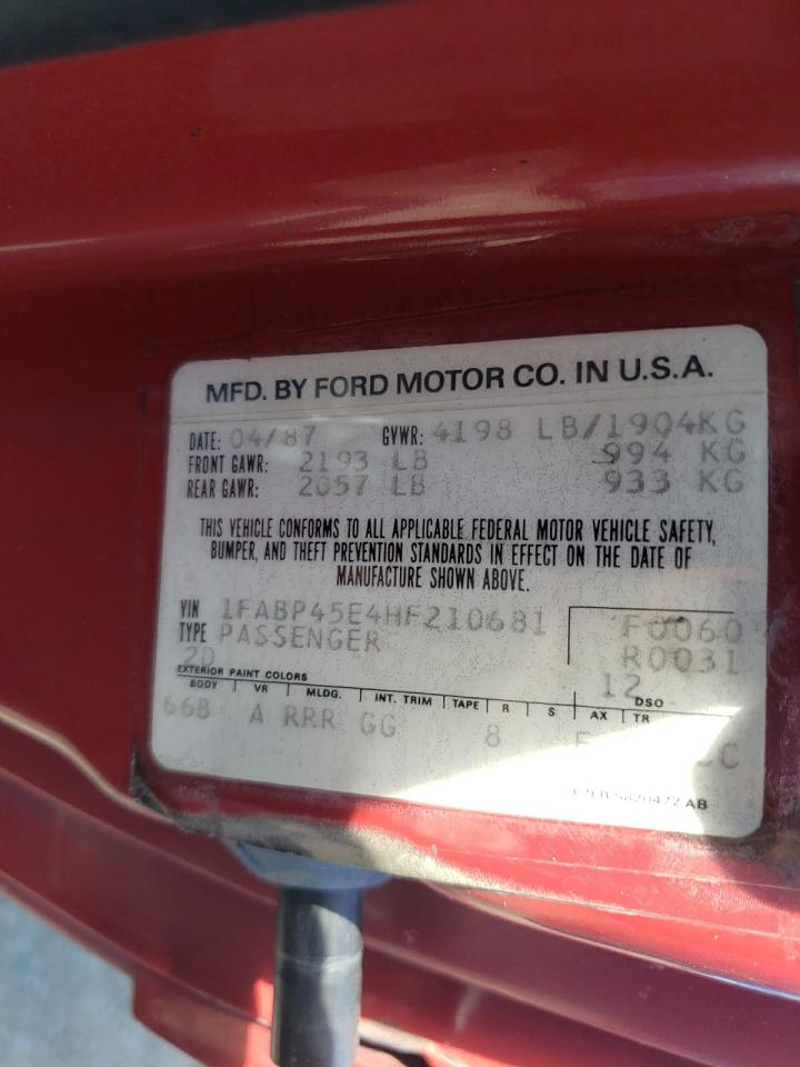 1987 Ford Mustang Gt VIN: 1FABP45E4HF210681 Lot: 85092305