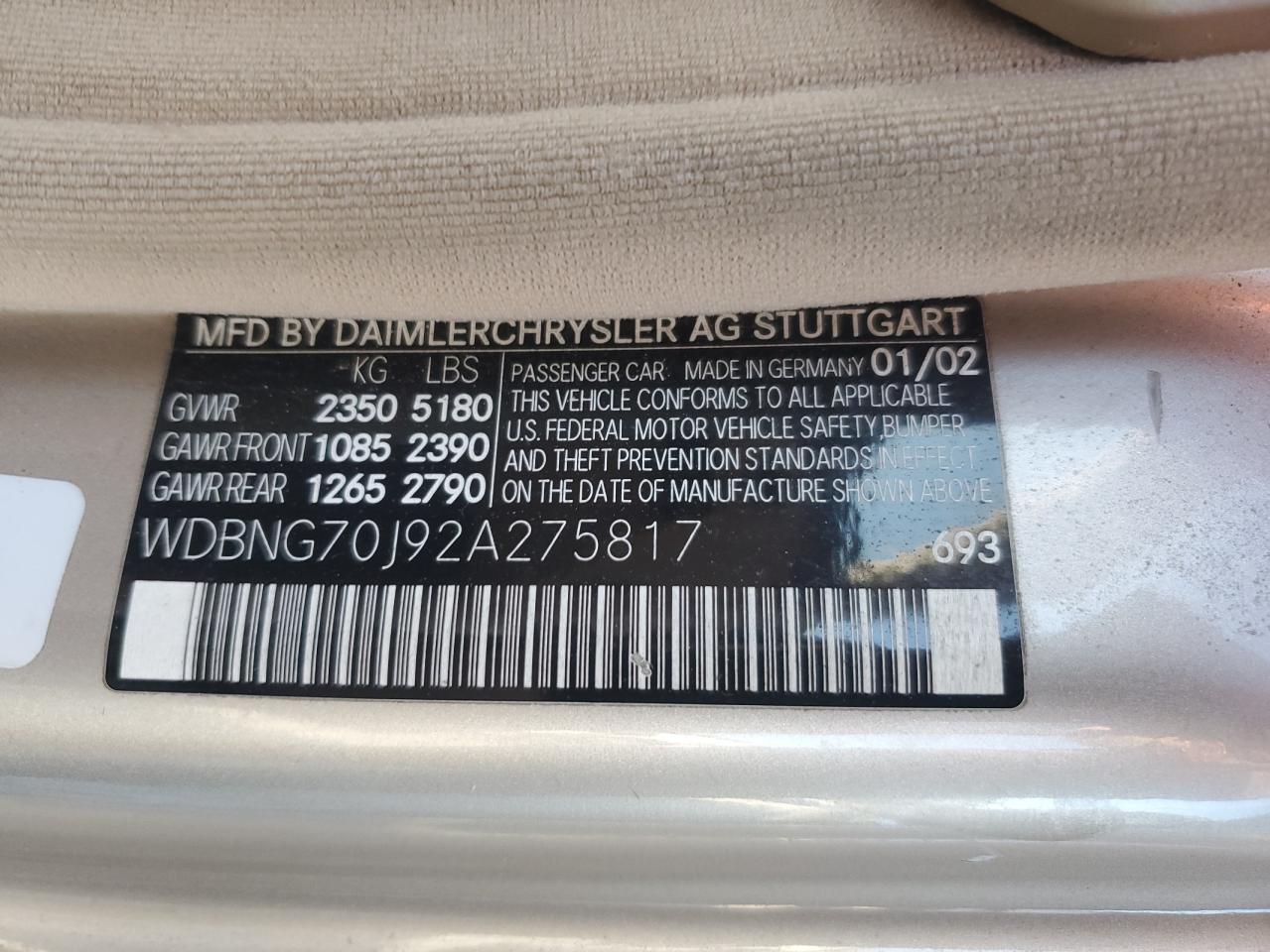 2002 Mercedes-Benz S 430 VIN: WDBNG70J92A275817 Lot: 84640835