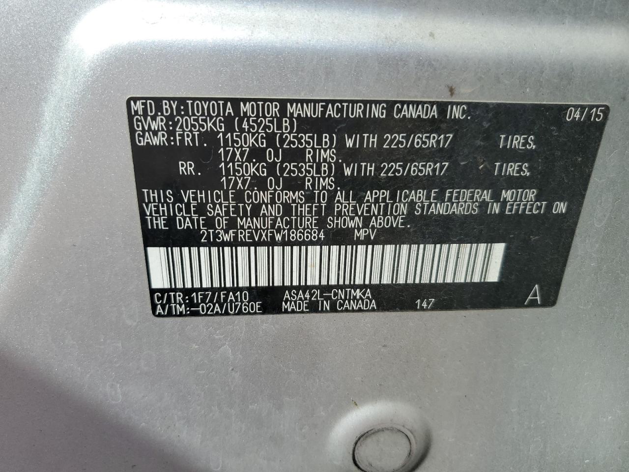2015 Toyota Rav4 Xle VIN: 2T3WFREVXFW186684 Lot: 84463105