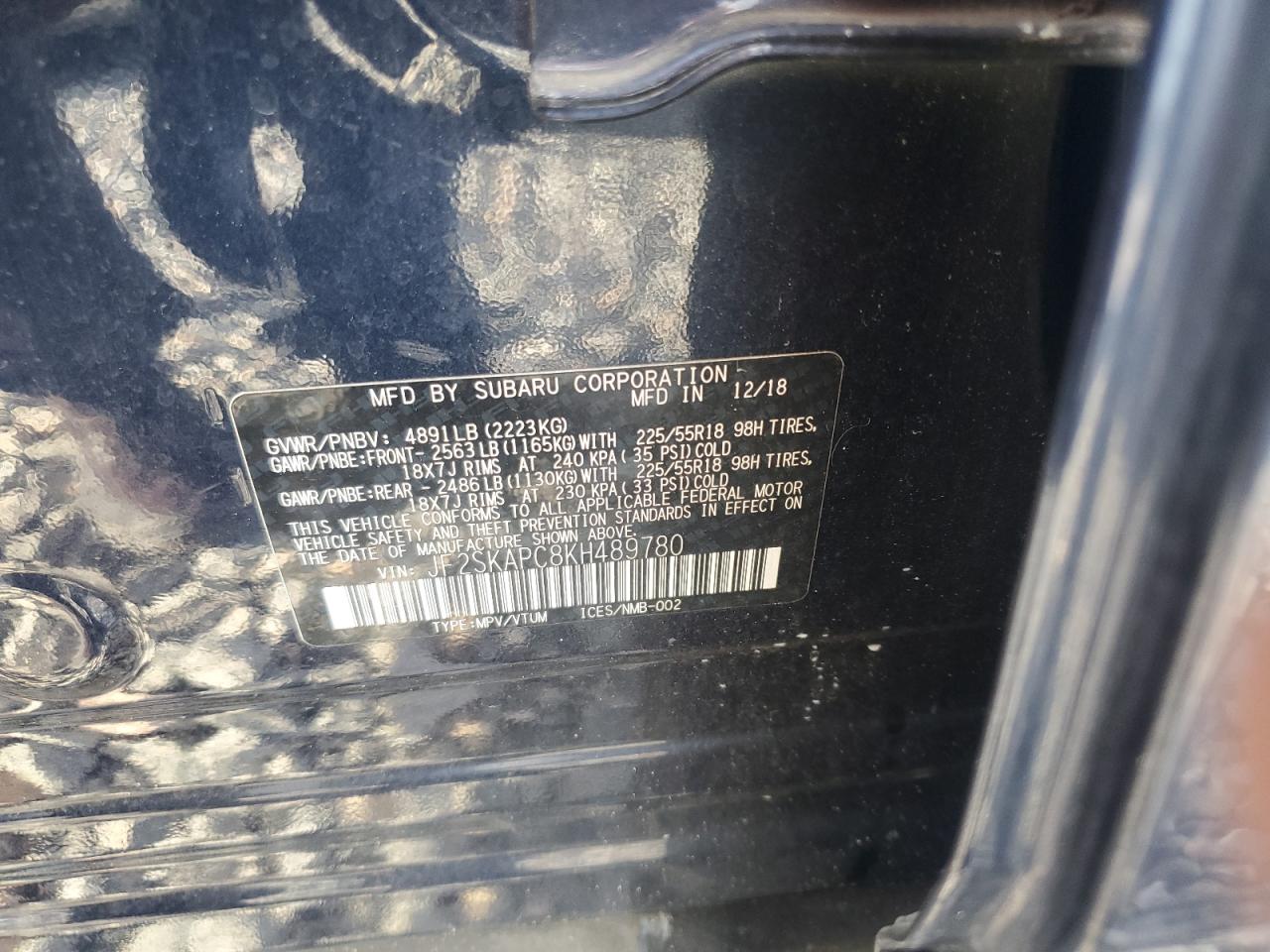 2019 Subaru Forester Sport VIN: JF2SKAPC8KH489780 Lot: 85478375