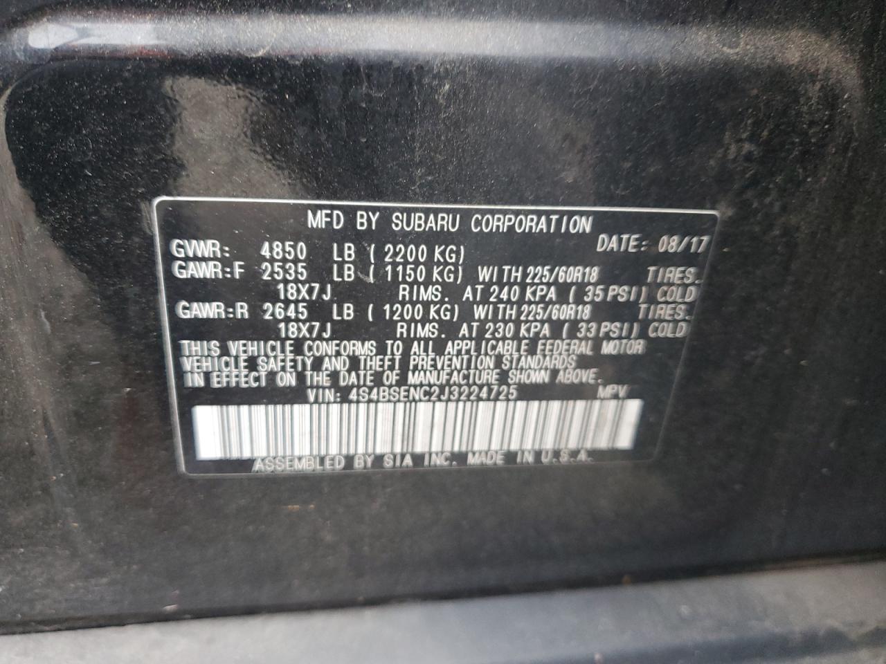 2018 Subaru Outback 3.6R Limited VIN: 4S4BSENC2J3224725 Lot: 85185865