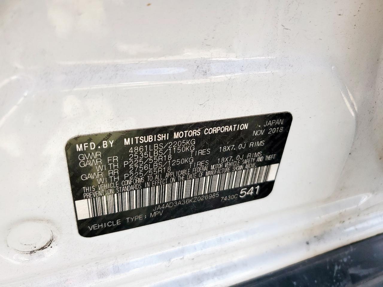 2019 Mitsubishi Outlander Se VIN: JA4AD3A36KZ026985 Lot: 90017455