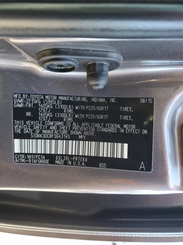 2015 Toyota Sienna Le VIN: 5TDKK3DC8FS643145 Lot: 87252135