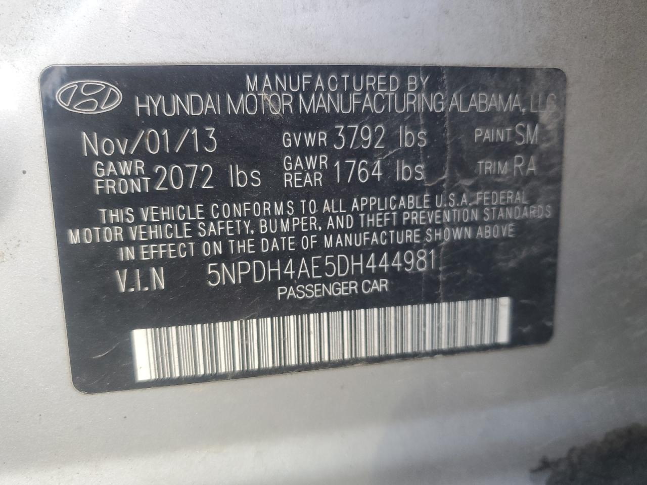 2013 Hyundai Elantra Gls VIN: 5NPDH4AE5DH444981 Lot: 86269465