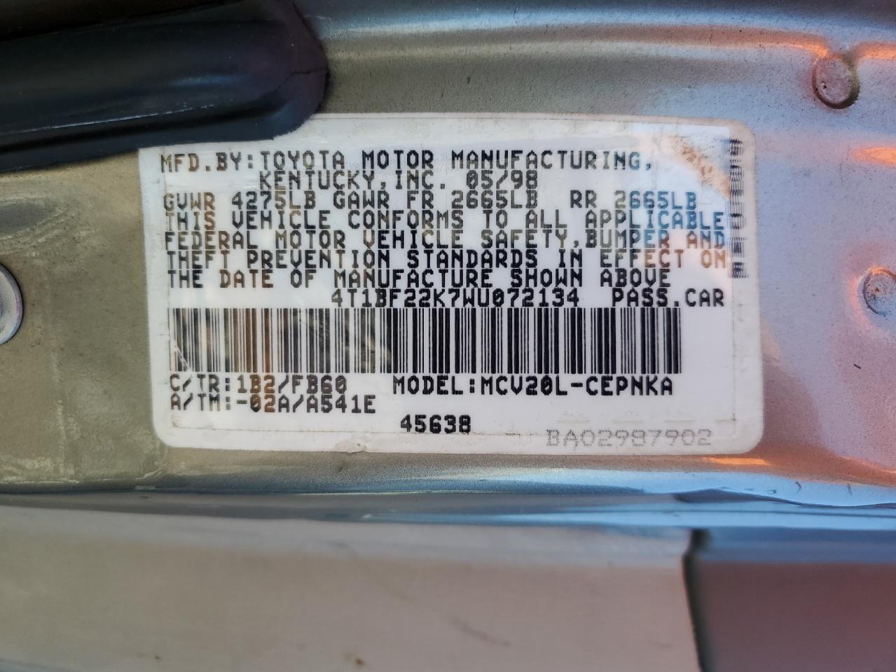 1998 Toyota Camry Ce VIN: 4T1BF22K7WU072134 Lot: 85134415