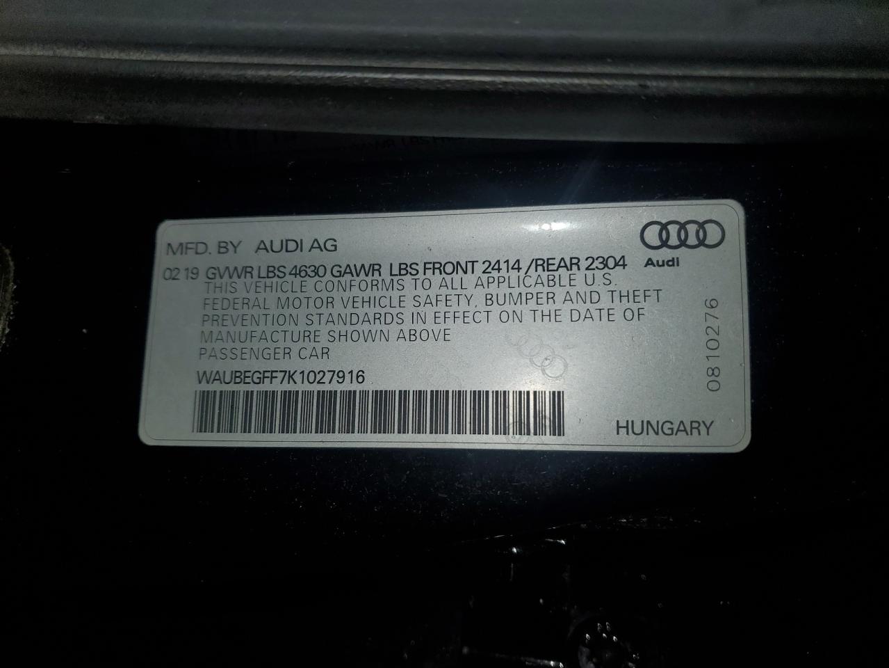 2019 Audi A3 Premium VIN: WAUBEGFF7K1027916 Lot: 87096855