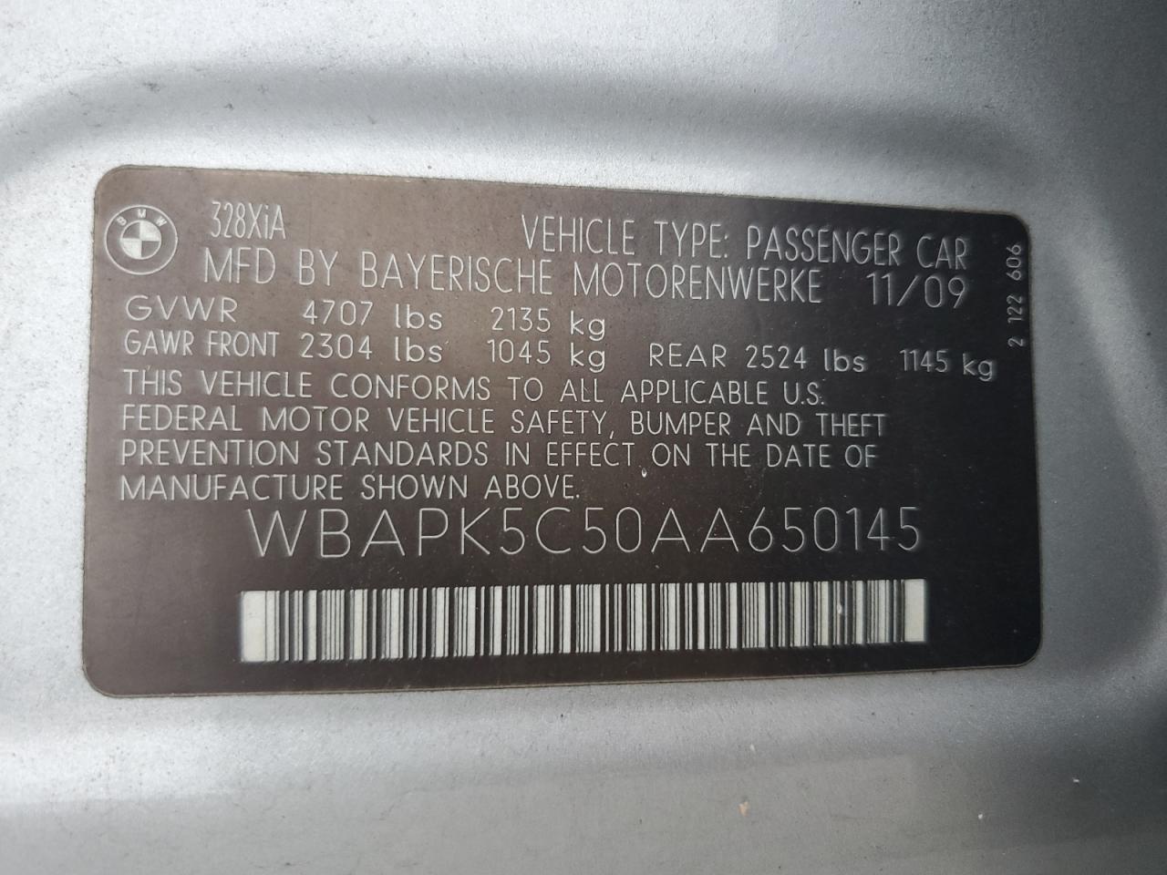 2010 BMW 328 Xi Sulev VIN: WBAPK5C50AA650145 Lot: 82307065