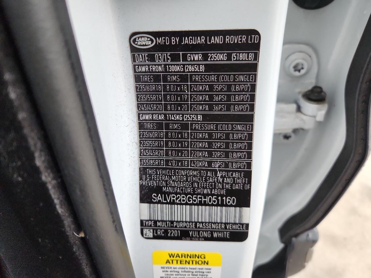 2015 Land Rover Range Rover Evoque Pure Premium VIN: SALVR2BG5FH051160 Lot: 82250785