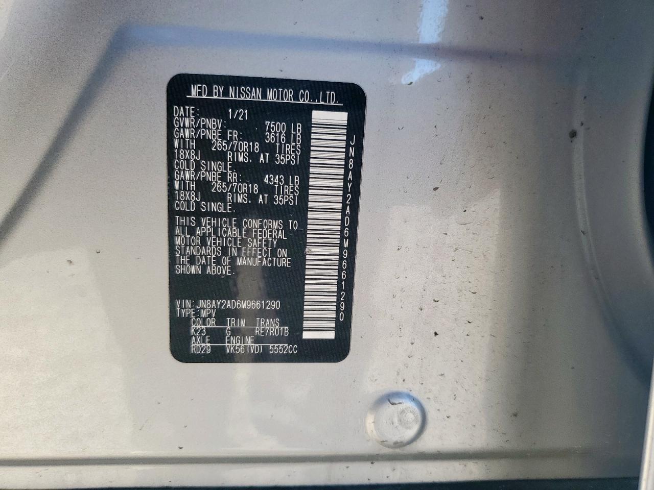 2021 Nissan Armada Sv VIN: JN8AY2AD6M9661290 Lot: 84639665