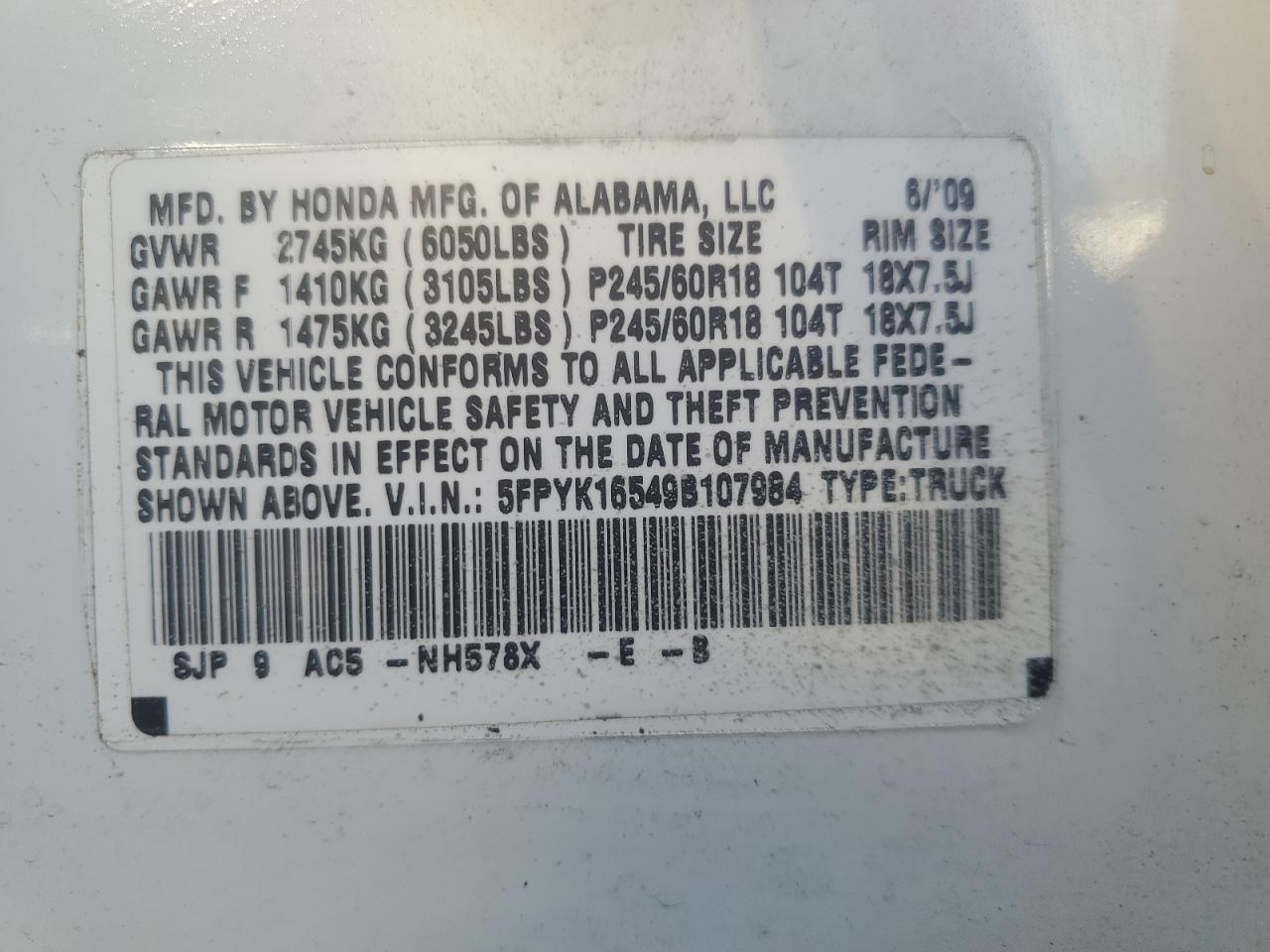2009 Honda Ridgeline Rtl VIN: 5FPYK16549B107984 Lot: 85541665