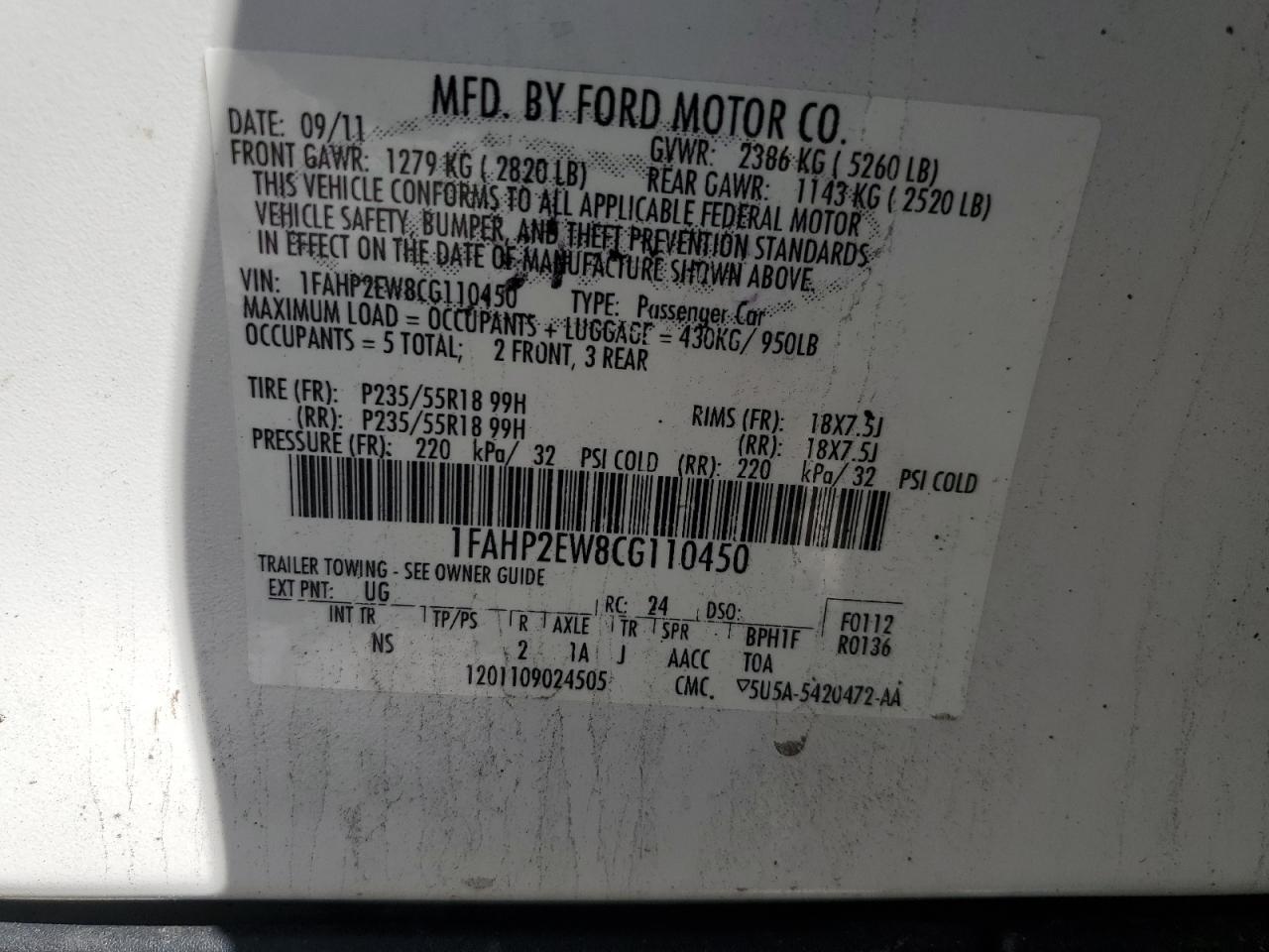 2012 Ford Taurus Sel VIN: 1FAHP2EW8CG110450 Lot: 86143795
