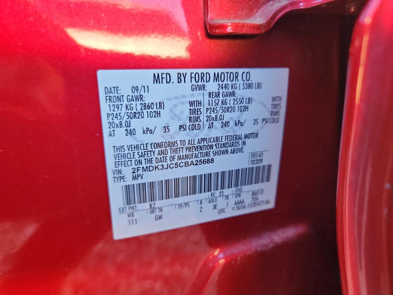 2012 Ford Edge Sel VIN: 2FMDK3JC5CBA25688 Lot: 84815745