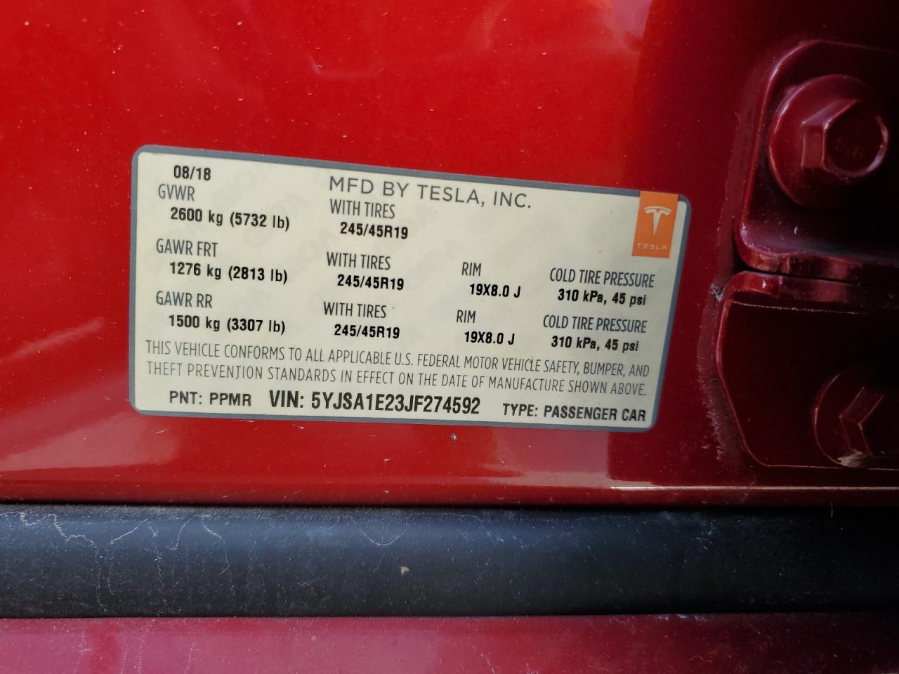 2018 Tesla Model S VIN: 5YJSA1E23JF274592 Lot: 84659215