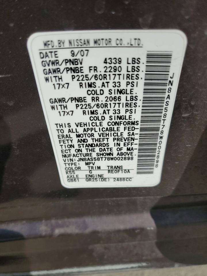 2008 Nissan Rogue S VIN: JN8AS58T78W002898 Lot: 85351135