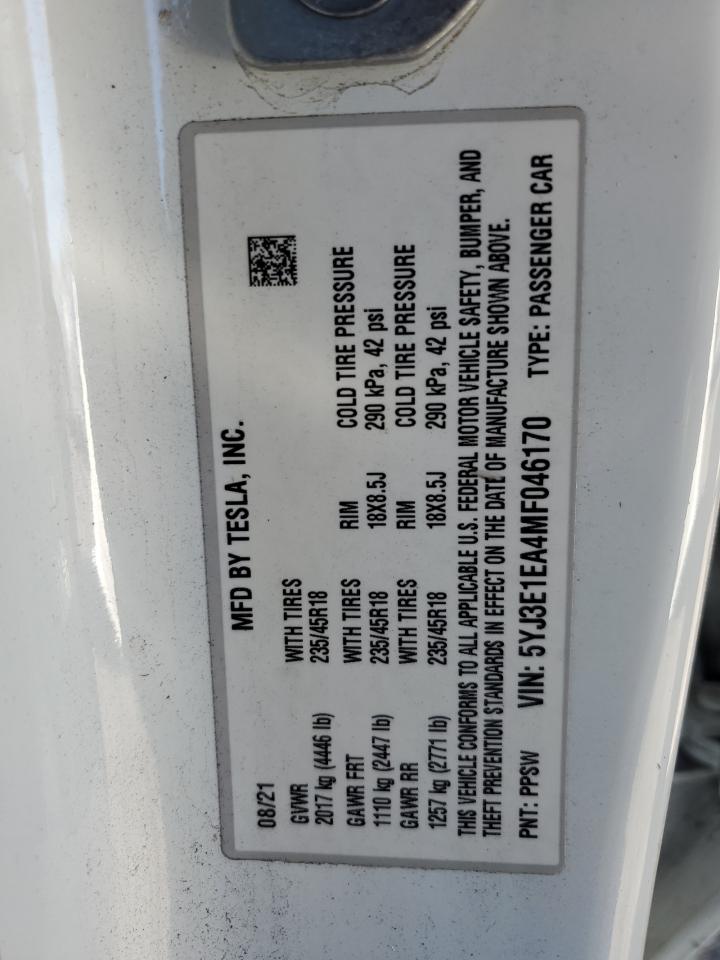 2021 Tesla Model 3 VIN: 5YJ3E1EA4MF046170 Lot: 87115775