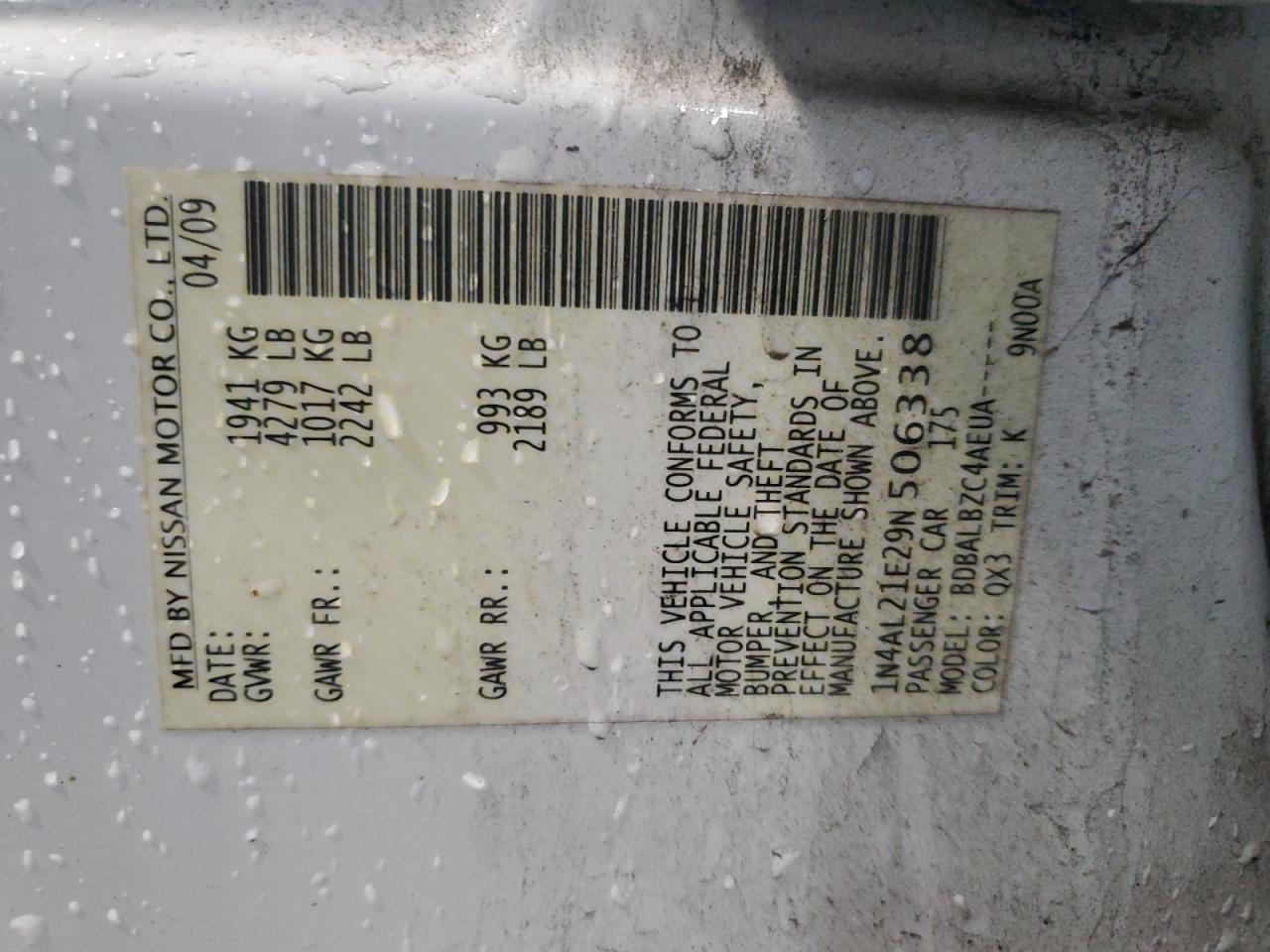 2009 Nissan Altima 2.5 VIN: 1N4AL21E29N506338 Lot: 90533795