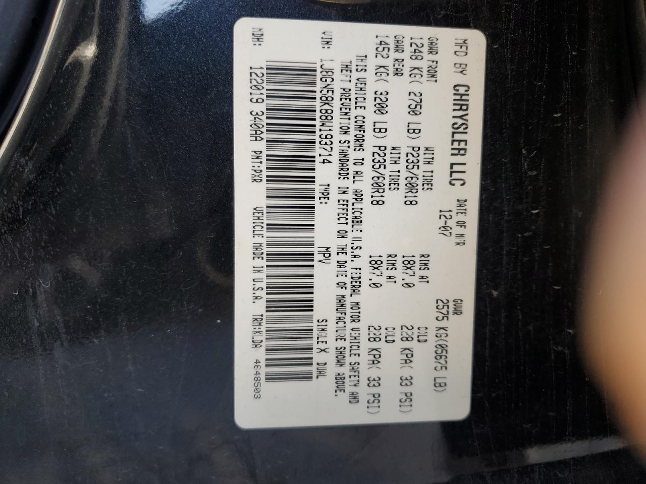 2008 Jeep Liberty Limited VIN: 1J8GN58K88W193714 Lot: 85881345