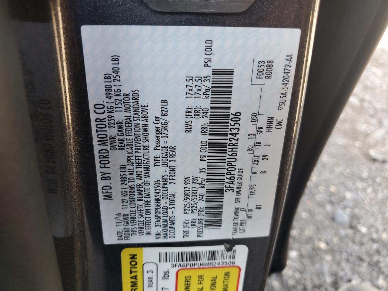 2017 Ford Fusion Se Phev VIN: 3FA6P0PU6HR243506 Lot: 85330895