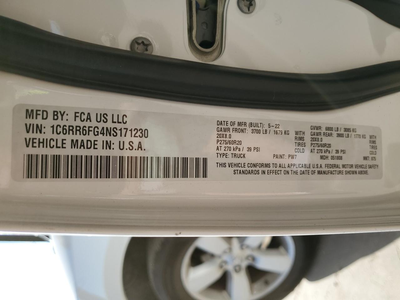 2022 Ram 1500 Classic Tradesman VIN: 1C6RR6FG4NS171230 Lot: 85175315