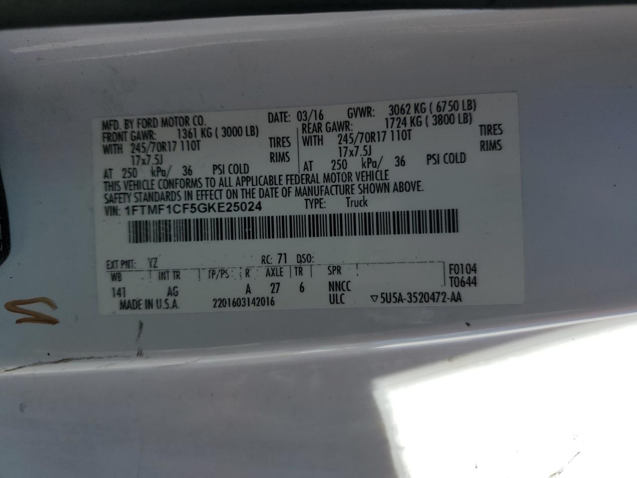 2016 Ford F150 VIN: 1FTMF1CF5GKE25024 Lot: 84475795