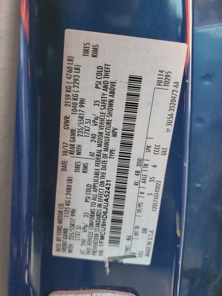 2018 Ford Escape Sel VIN: 1FMCU9HD6JUA52431 Lot: 81942275