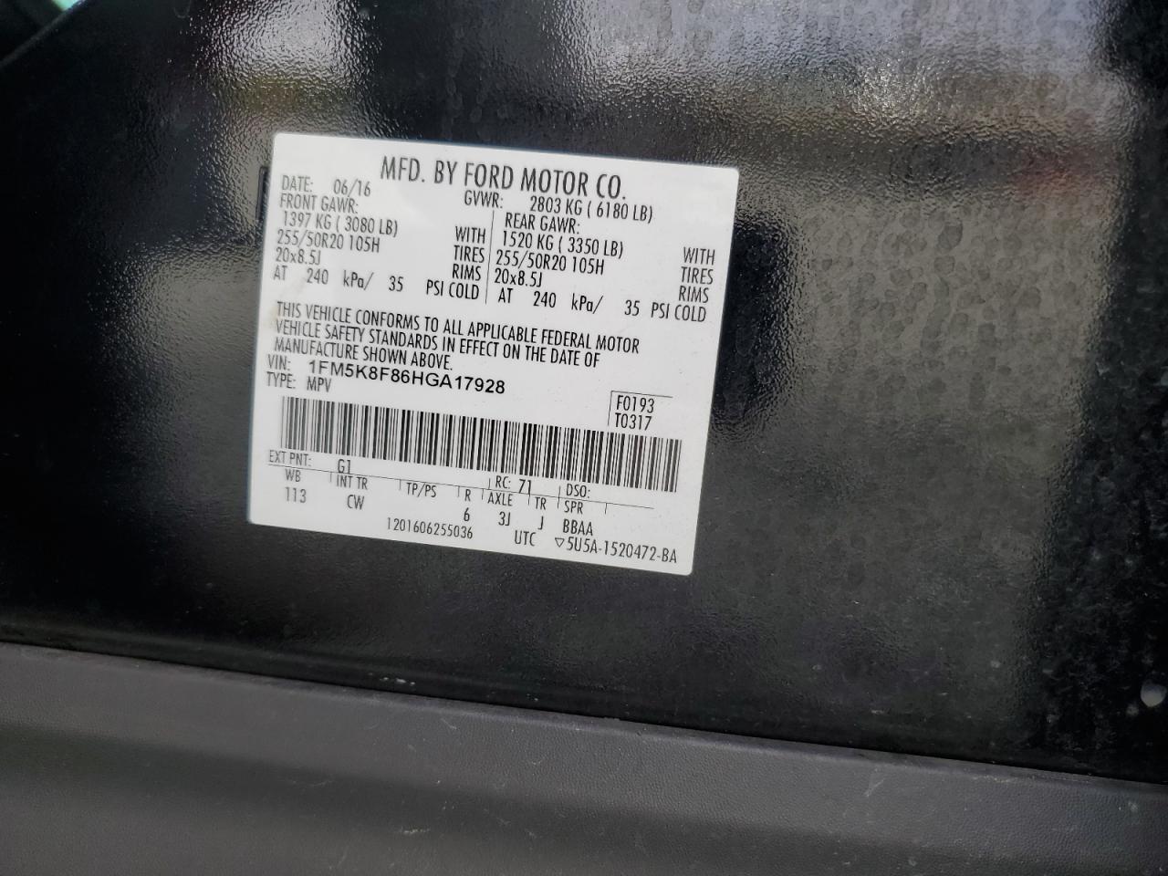 2017 Ford Explorer Limited VIN: 1FM5K8F86HGA17928 Lot: 82476175