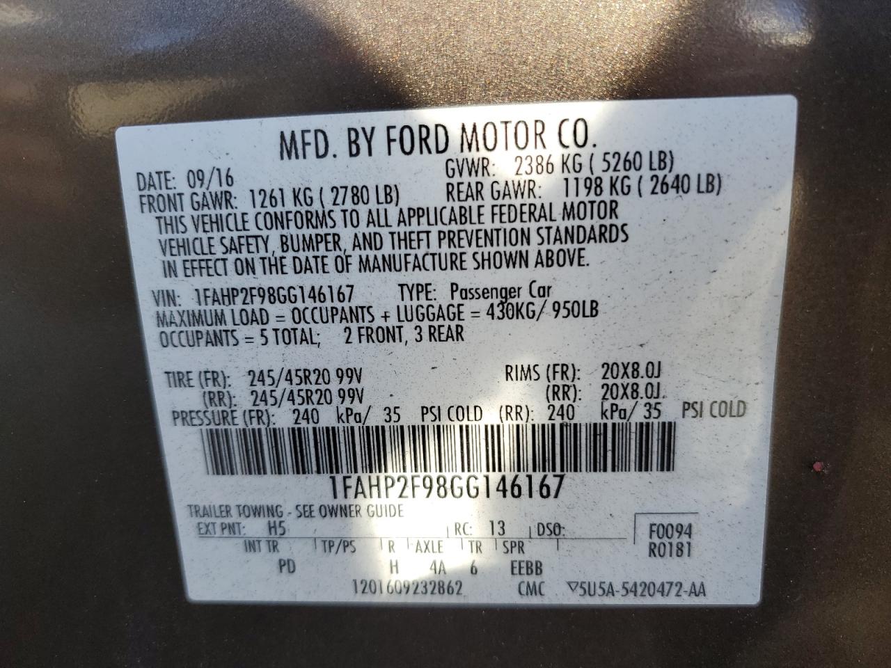 2016 Ford Taurus Limited VIN: 1FAHP2F98GG146167 Lot: 85760035