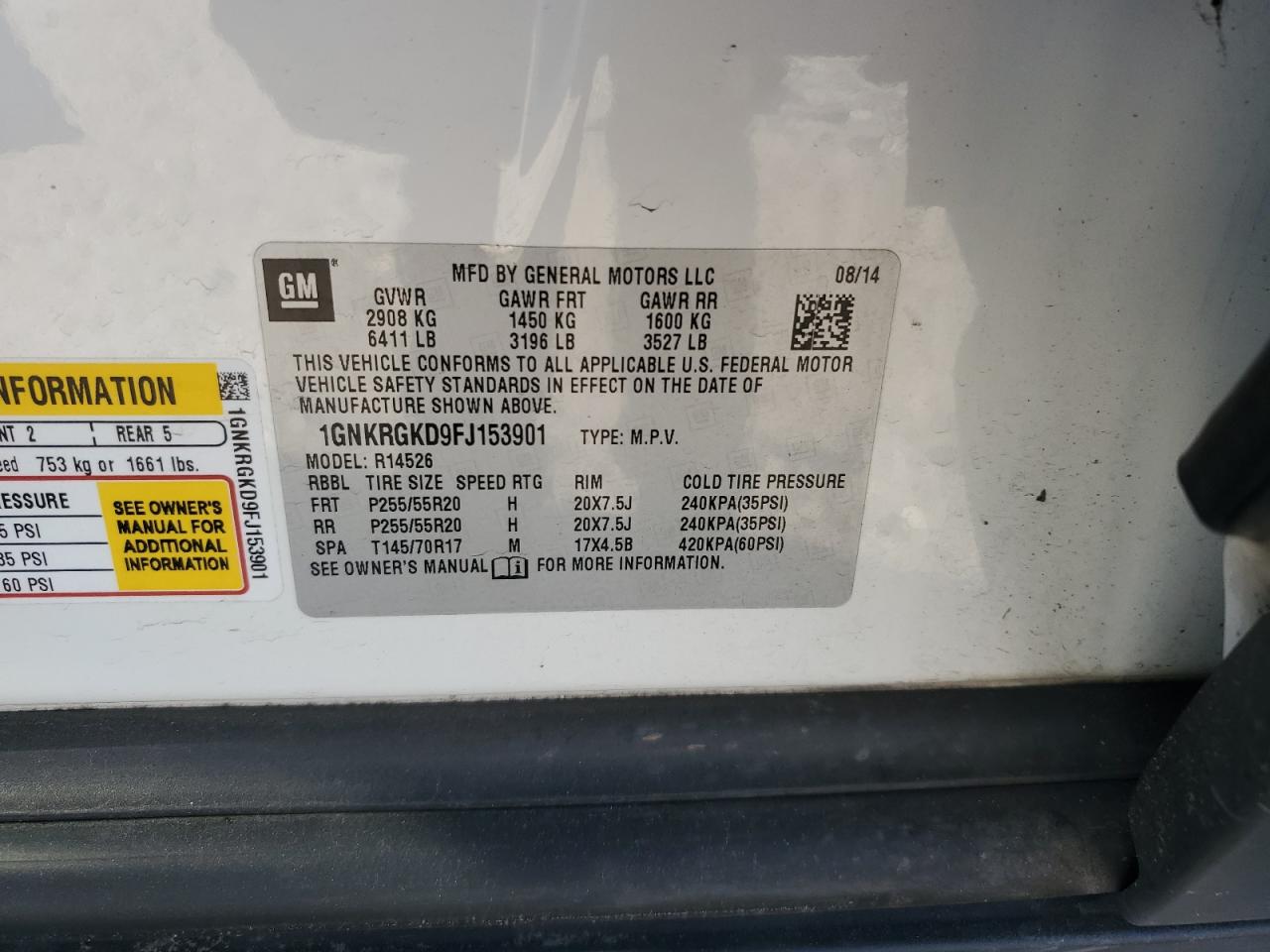 2015 Chevrolet Traverse Lt VIN: 1GNKRGKD9FJ153901 Lot: 85187635