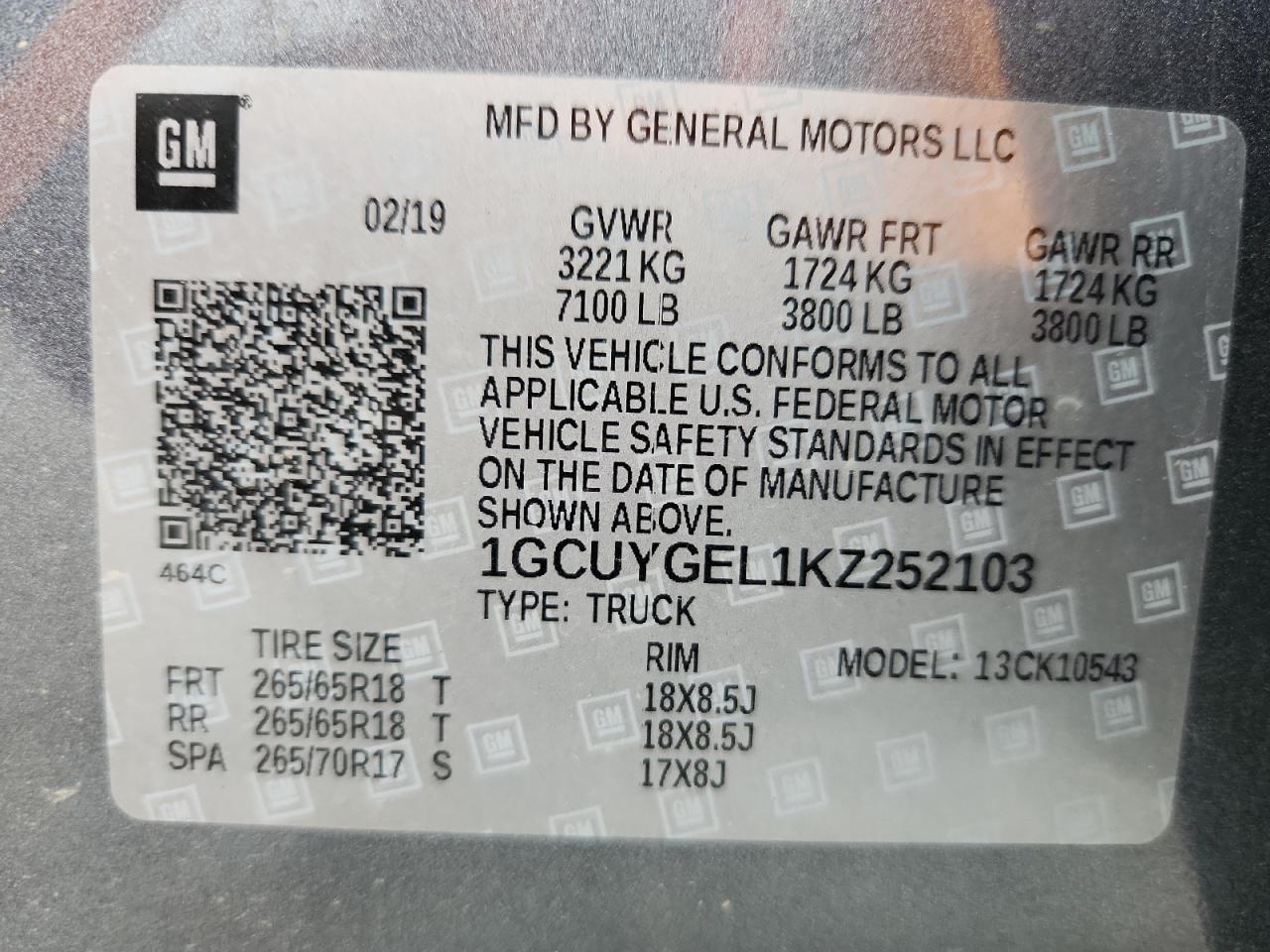 2019 Chevrolet Silverado K1500 Ltz VIN: 1GCUYGEL1KZ252103 Lot: 86479865