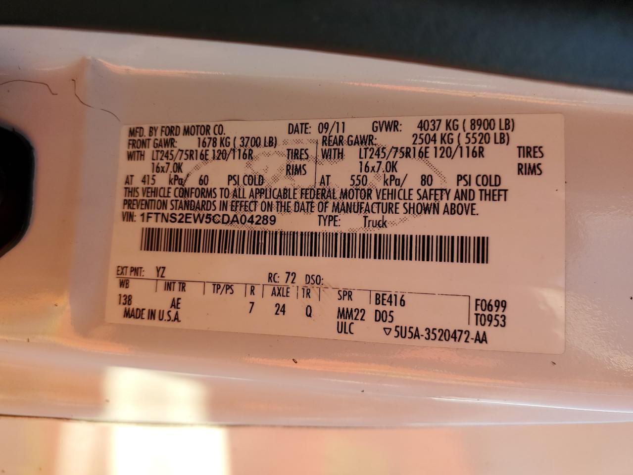 2012 Ford E250 Delivery Van VIN: 1FTNS2EW5CDA04289 Lot: 82643245