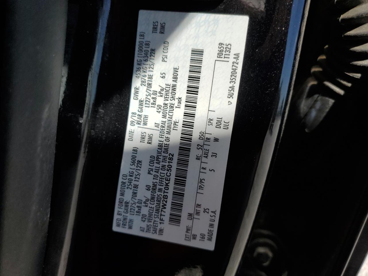 2019 Ford F250 Super Duty VIN: 1FT7W2BT0KEC50182 Lot: 82595865